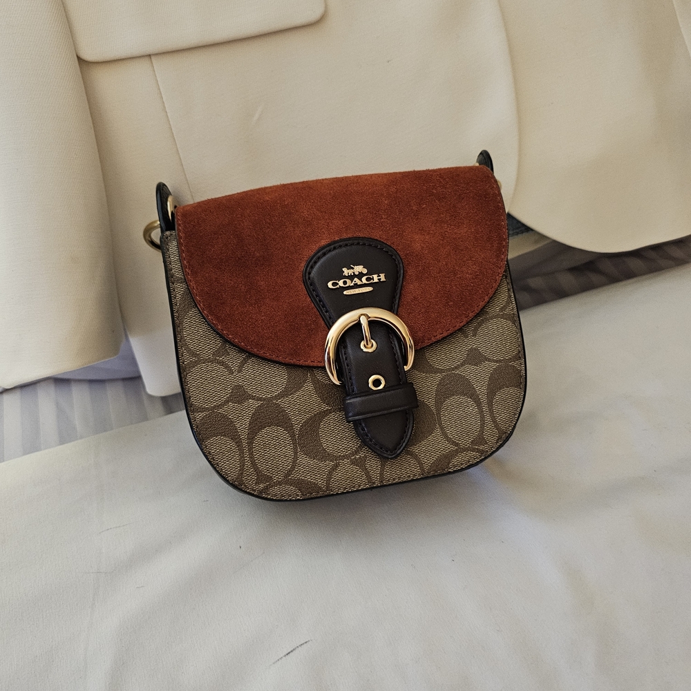COACH Signature Canvas and Suede Saddle Bag in Brown/Rust